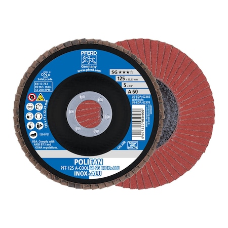 Pferd 5" x 7/8" A.H. POLIFAN Flap Disc - A-COOL SG INOX+ALU, Aluminum oxide, 60 Grit, Flat 62366